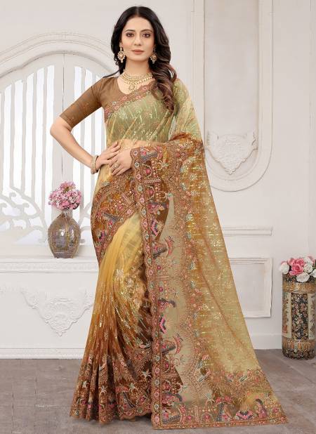 Mustard Colour Fancy Designer Stylish Party Wear Heavy Net Embroidery Work Saree Collection 5754